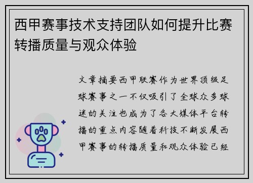 西甲赛事技术支持团队如何提升比赛转播质量与观众体验