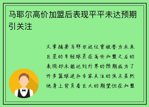 马耶尔高价加盟后表现平平未达预期引关注